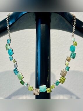 Ikita Paris Turquoise and Lime Mosaic Square Bead Necklace